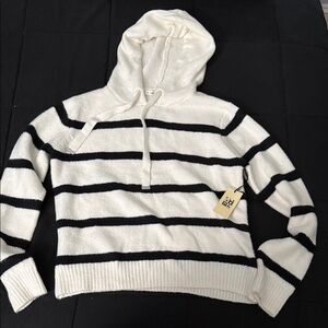 Max Studio White and Black Striped Hoodie Sweater